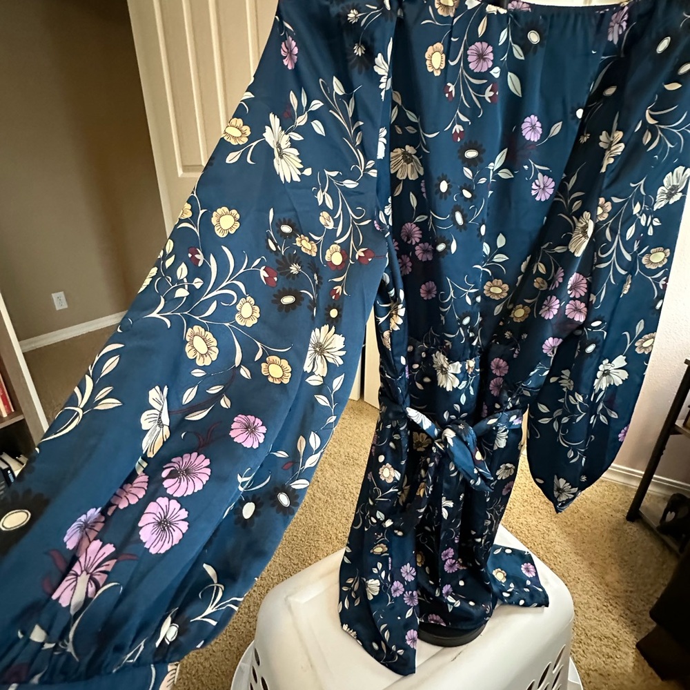 Ann Taylor Teal Floral Long Sleeve Wrap Dress - Picture 2 of 5